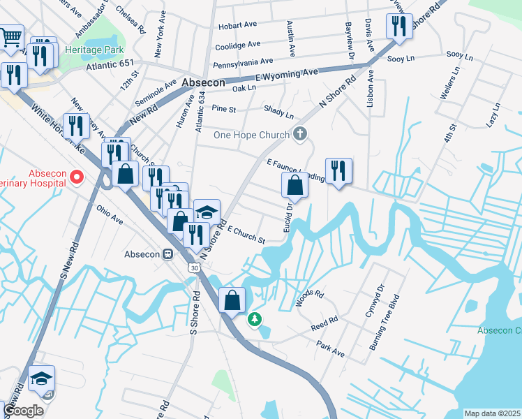 map of restaurants, bars, coffee shops, grocery stores, and more near 210 Tremont Avenue in Absecon