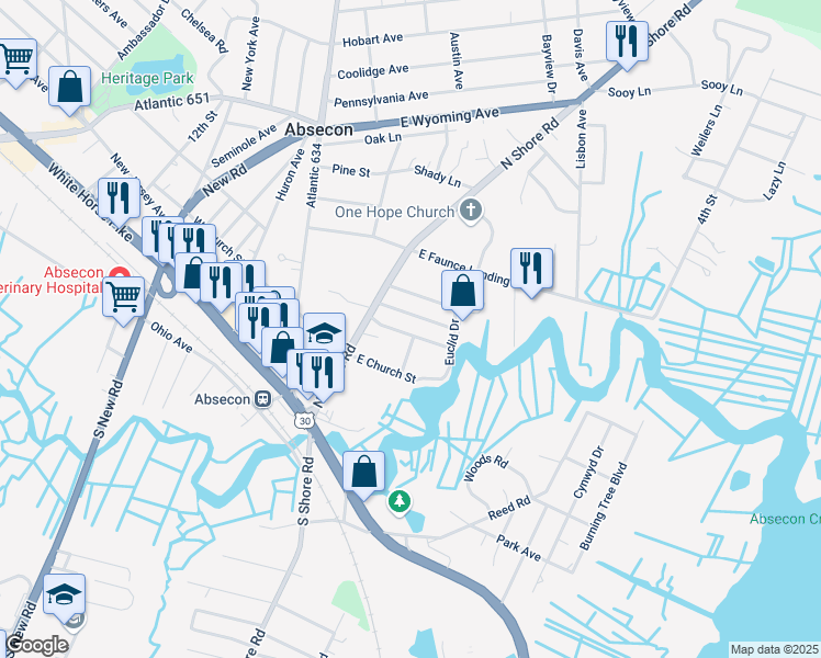 map of restaurants, bars, coffee shops, grocery stores, and more near 210 Tremont Avenue in Absecon