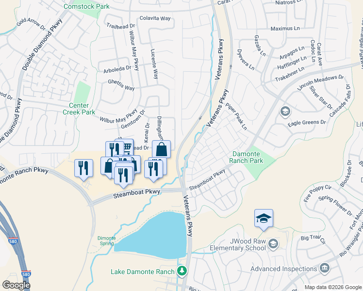 map of restaurants, bars, coffee shops, grocery stores, and more near Veterans Pkwy in Reno