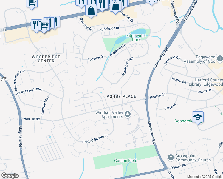 map of restaurants, bars, coffee shops, grocery stores, and more near 703 Serenity Court in Edgewood