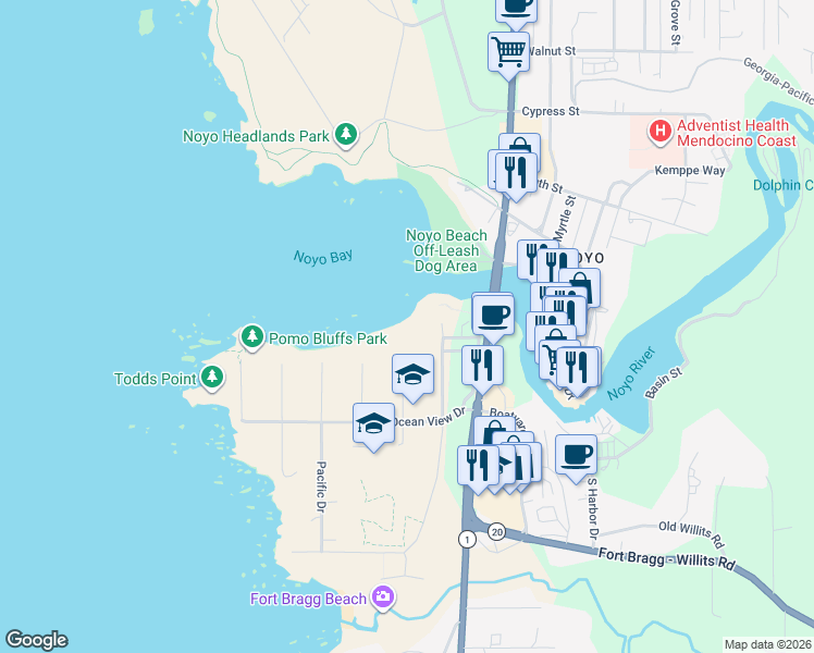 map of restaurants, bars, coffee shops, grocery stores, and more near 1021 South Main Street in Fort Bragg