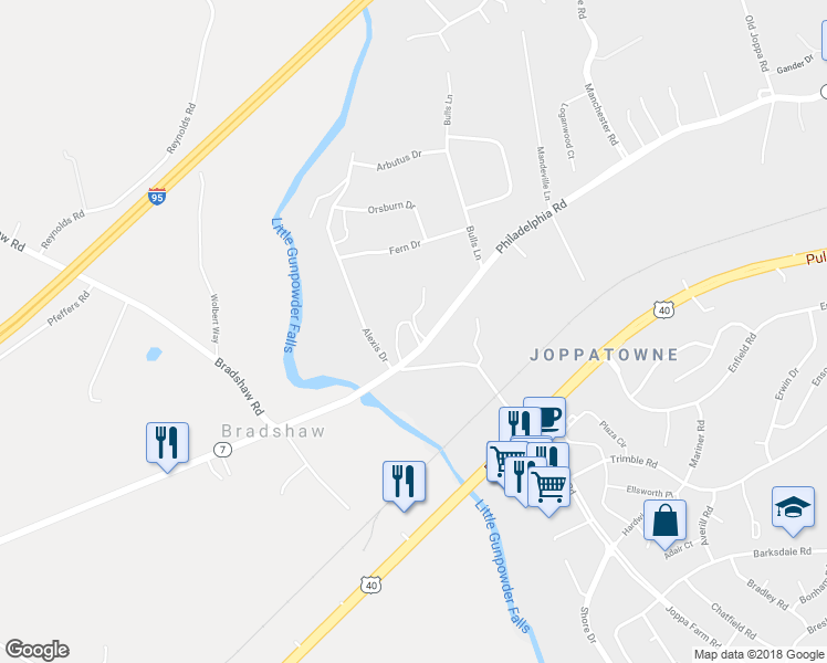 map of restaurants, bars, coffee shops, grocery stores, and more near 112 Philadelphia Road in Harford County