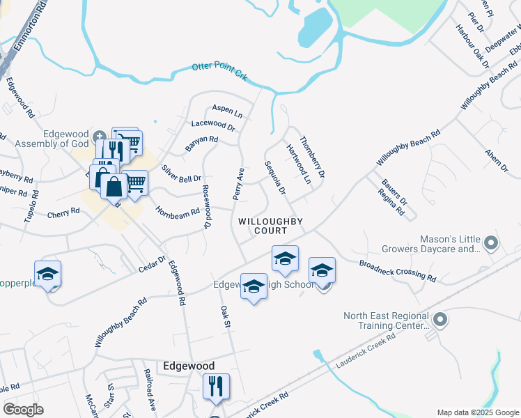 map of restaurants, bars, coffee shops, grocery stores, and more near 2416 Sycamore Lane in Edgewood