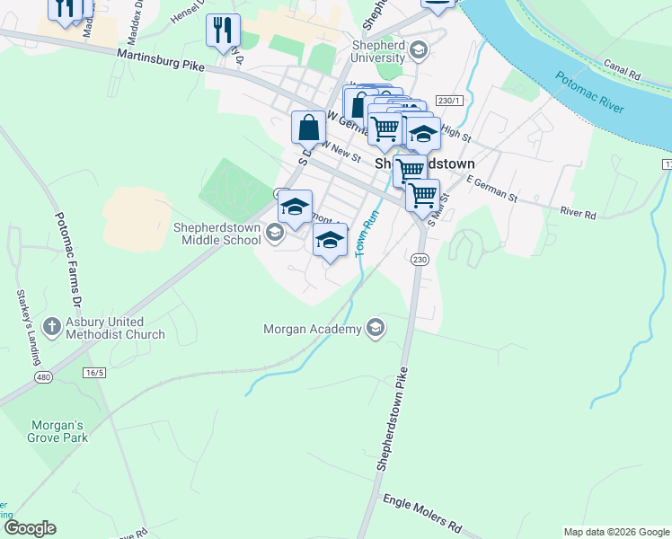 map of restaurants, bars, coffee shops, grocery stores, and more near 662 South Church Street in Shepherdstown