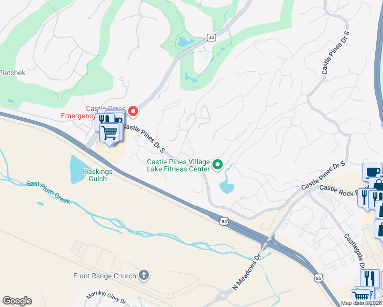 map of restaurants, bars, coffee shops, grocery stores, and more near 4361 Chateau Ridge Lane in Castle Rock