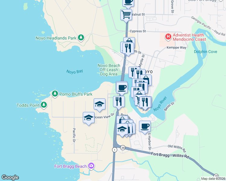 map of restaurants, bars, coffee shops, grocery stores, and more near 1021 South Main Street in Fort Bragg