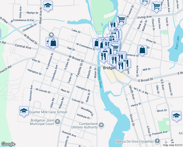 map of restaurants, bars, coffee shops, grocery stores, and more near 21 Water Street in Bridgeton