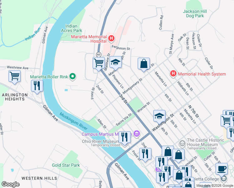 map of restaurants, bars, coffee shops, grocery stores, and more near 801 3rd Street in Marietta