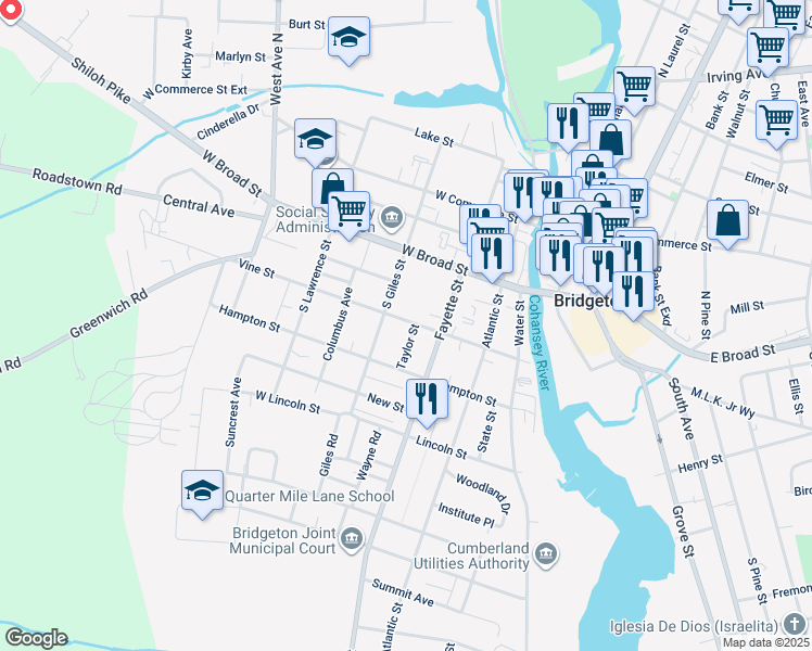 map of restaurants, bars, coffee shops, grocery stores, and more near 116 Vine Street in Bridgeton