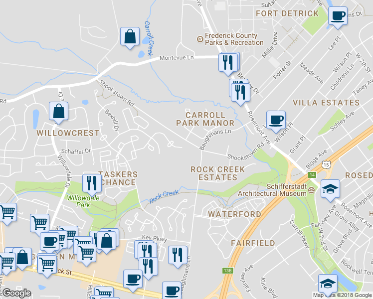 map of restaurants, bars, coffee shops, grocery stores, and more near 1028 Storrington Drive in Frederick