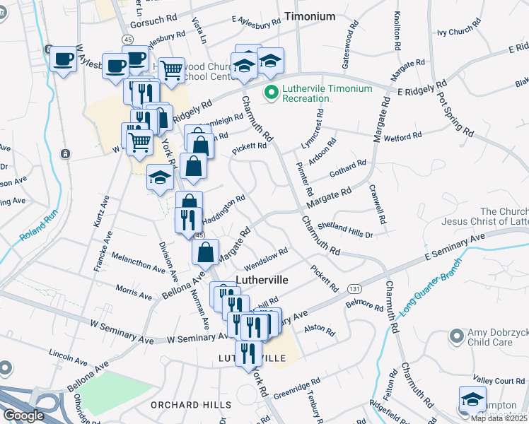 map of restaurants, bars, coffee shops, grocery stores, and more near 30 Margate Road in Lutherville-Timonium