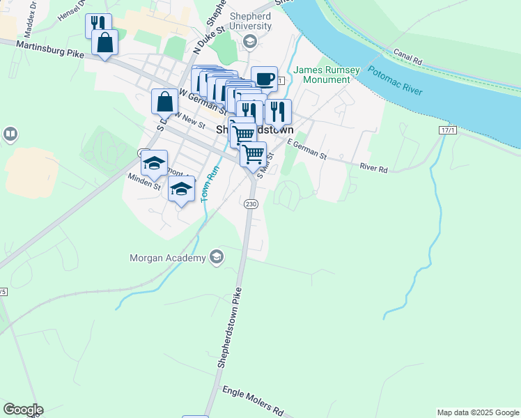 map of restaurants, bars, coffee shops, grocery stores, and more near 8596 Shepherdstown Pike in Shepherdstown