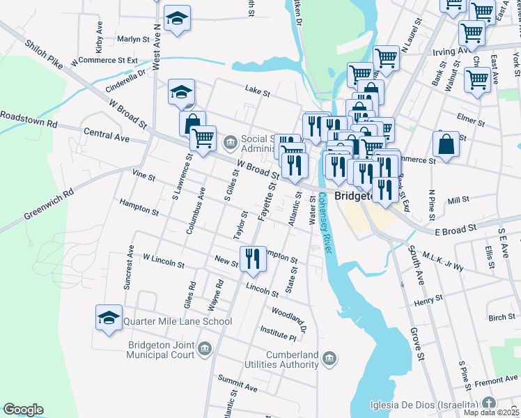 map of restaurants, bars, coffee shops, grocery stores, and more near 39-61 Fayette Street in Bridgeton