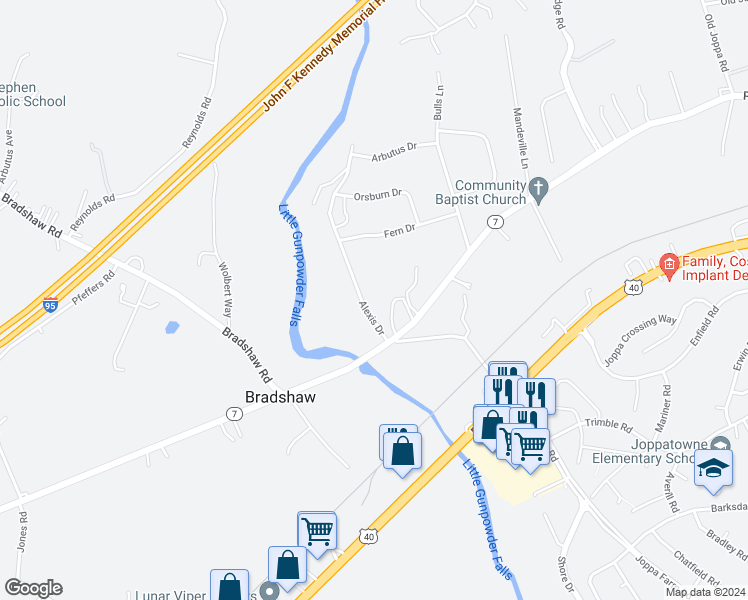 map of restaurants, bars, coffee shops, grocery stores, and more near 1405 Alexis Drive in Harford County