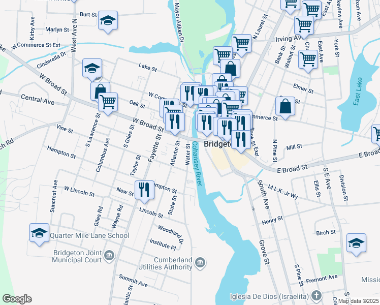 map of restaurants, bars, coffee shops, grocery stores, and more near 21 Water Street in Bridgeton