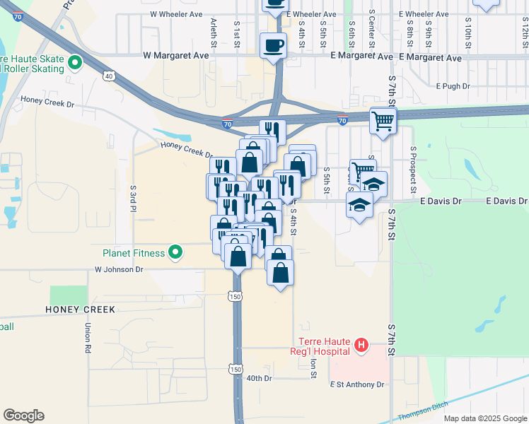 map of restaurants, bars, coffee shops, grocery stores, and more near 125 East Davis Drive in Terre Haute