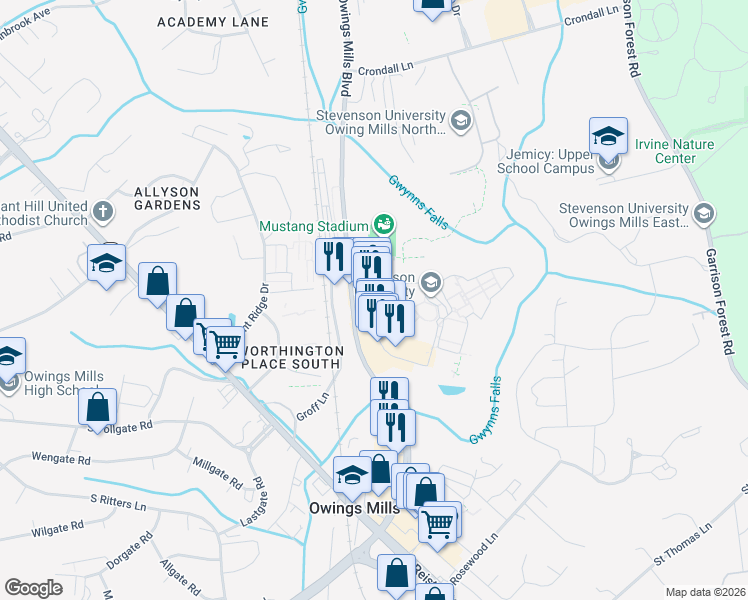 map of restaurants, bars, coffee shops, grocery stores, and more near 10945 Boulevard Circle in Owings Mills