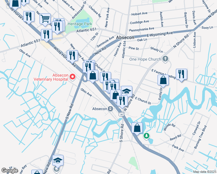 map of restaurants, bars, coffee shops, grocery stores, and more near 167 New Jersey Avenue in Absecon