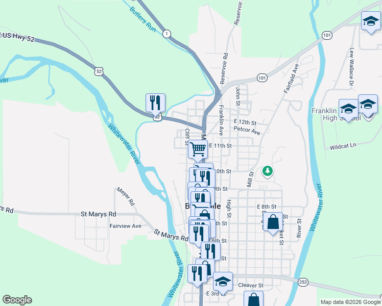 map of restaurants, bars, coffee shops, grocery stores, and more near 1020 Cliff Street in Brookville