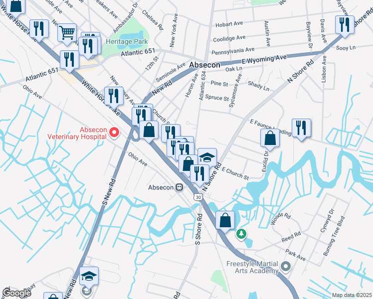 map of restaurants, bars, coffee shops, grocery stores, and more near 33 Mechanic Street in Absecon