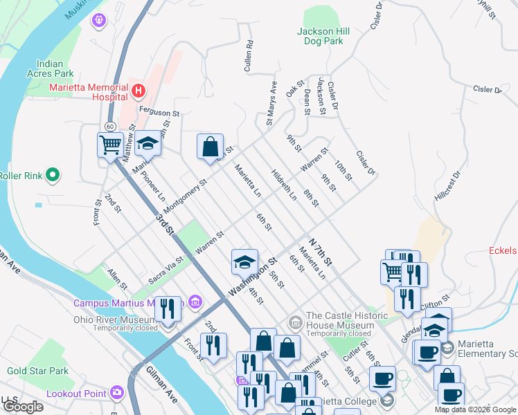 map of restaurants, bars, coffee shops, grocery stores, and more near 631 6th Street in Marietta