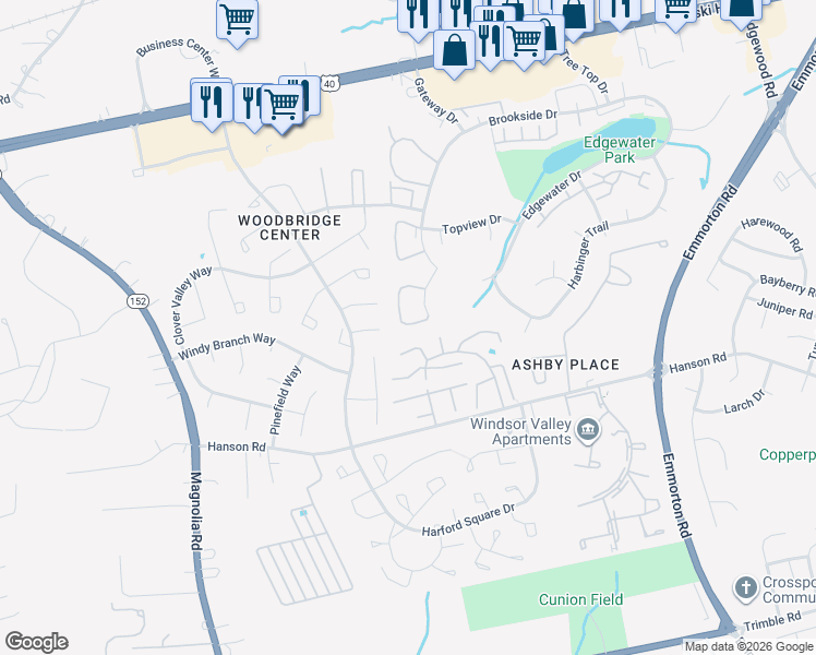 map of restaurants, bars, coffee shops, grocery stores, and more near 808 Windstream Way in Edgewood