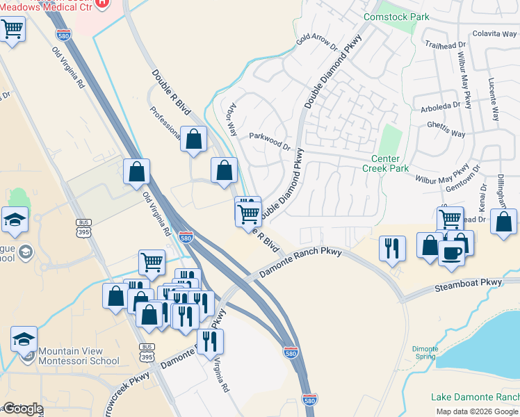 map of restaurants, bars, coffee shops, grocery stores, and more near 10720 Vista Bonita Lane in Reno