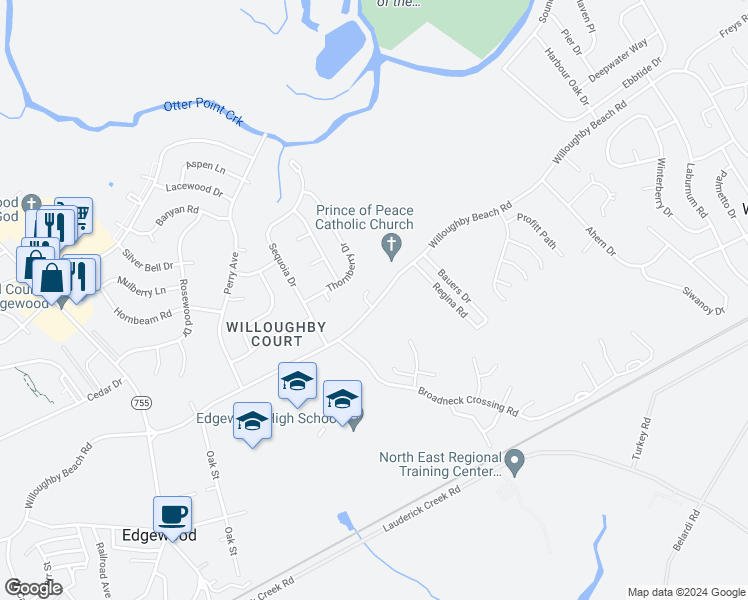 map of restaurants, bars, coffee shops, grocery stores, and more near 501 Scholar Court in Edgewood