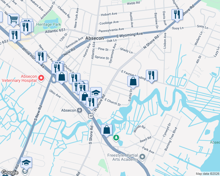 map of restaurants, bars, coffee shops, grocery stores, and more near 116 North Shore Road in Absecon
