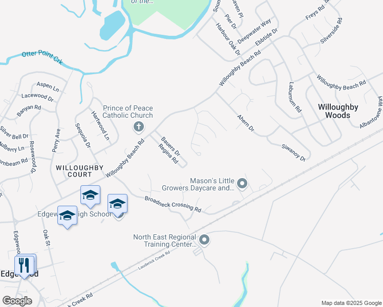 map of restaurants, bars, coffee shops, grocery stores, and more near 306 Lord Willoughby Way in Edgewood