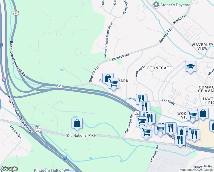 map of restaurants, bars, coffee shops, grocery stores, and more near 6906 Bowers Road in Frederick