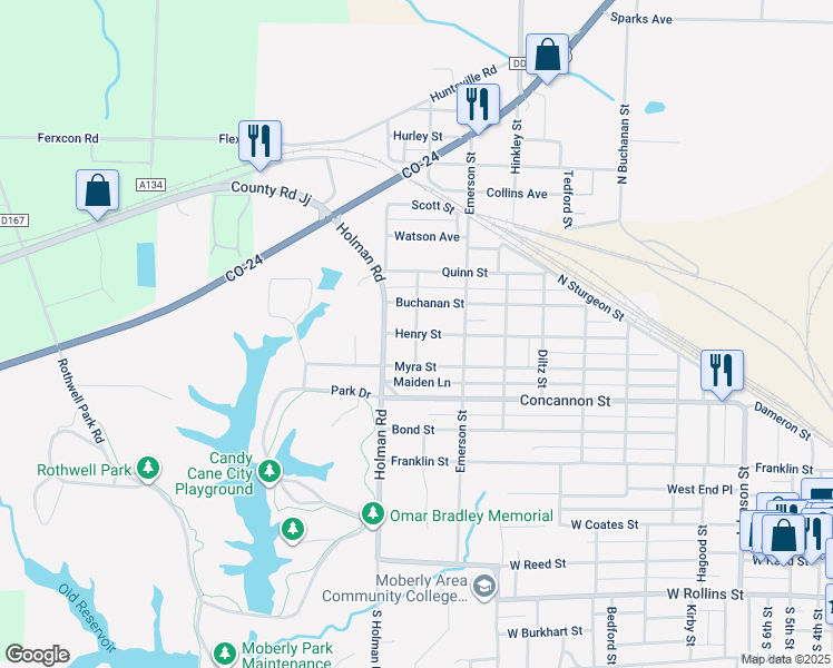 map of restaurants, bars, coffee shops, grocery stores, and more near 898 Calhoun St in Moberly
