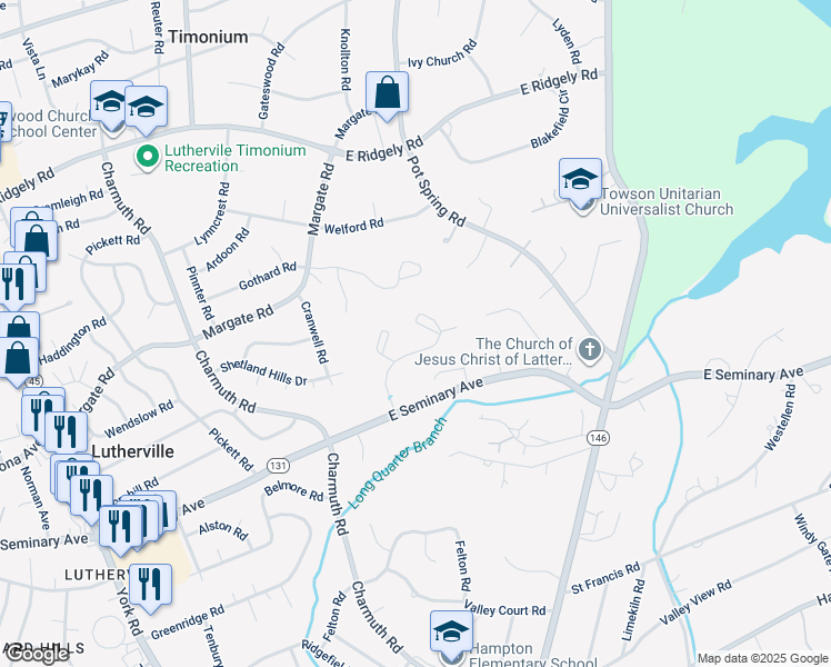 map of restaurants, bars, coffee shops, grocery stores, and more near 8 Oak Hampton Drive in Timonium