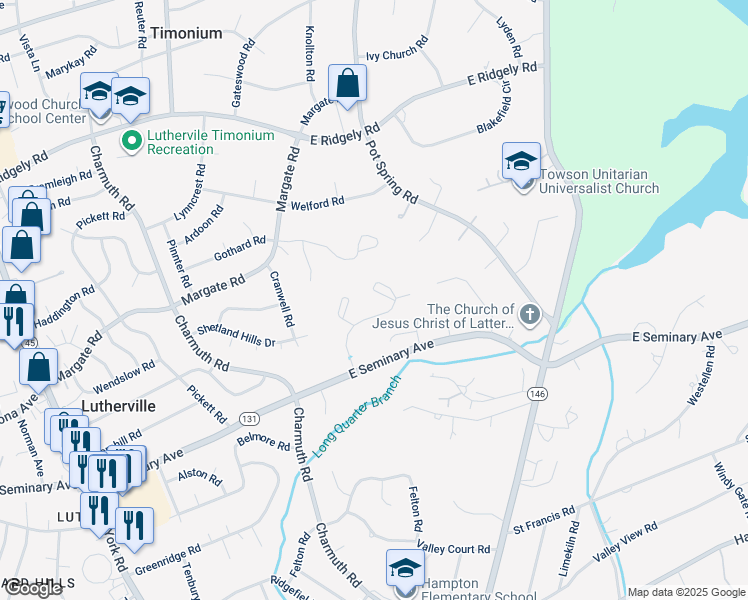 map of restaurants, bars, coffee shops, grocery stores, and more near 8 Oak Hampton Drive in Timonium