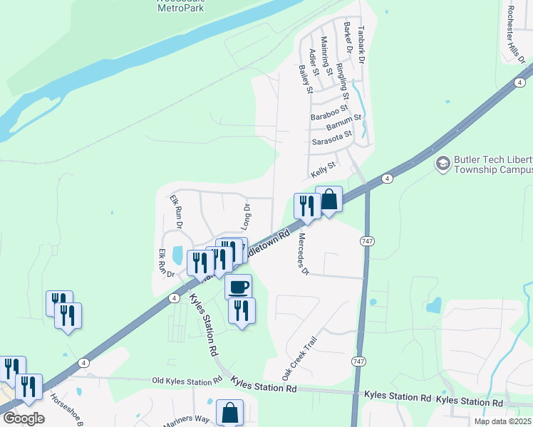 map of restaurants, bars, coffee shops, grocery stores, and more near 5057 Rockdale Road in Butler County