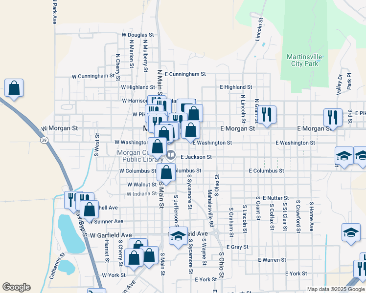 map of restaurants, bars, coffee shops, grocery stores, and more near 59 South Jefferson Street in Martinsville