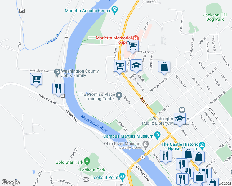 map of restaurants, bars, coffee shops, grocery stores, and more near 833 2nd Street in Marietta