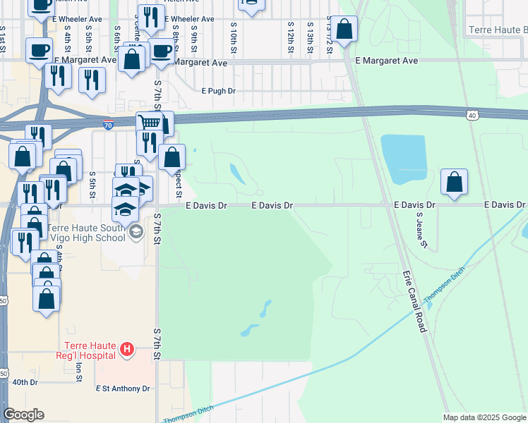map of restaurants, bars, coffee shops, grocery stores, and more near 1115 East Davis Drive in Terre Haute