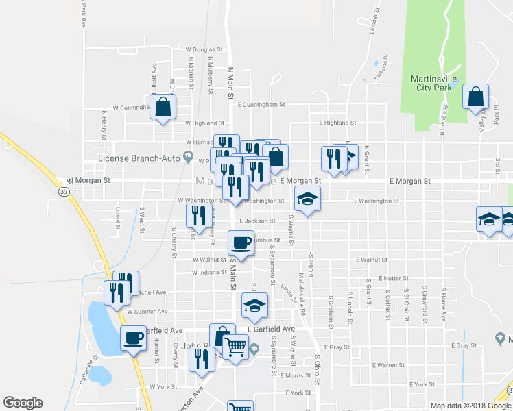 map of restaurants, bars, coffee shops, grocery stores, and more near 109 East Washington Street in Martinsville