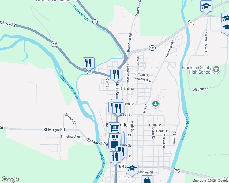 map of restaurants, bars, coffee shops, grocery stores, and more near 1025 Main Street in Brookville