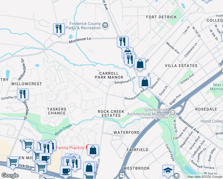 map of restaurants, bars, coffee shops, grocery stores, and more near 302 Baughmans Lane in Frederick