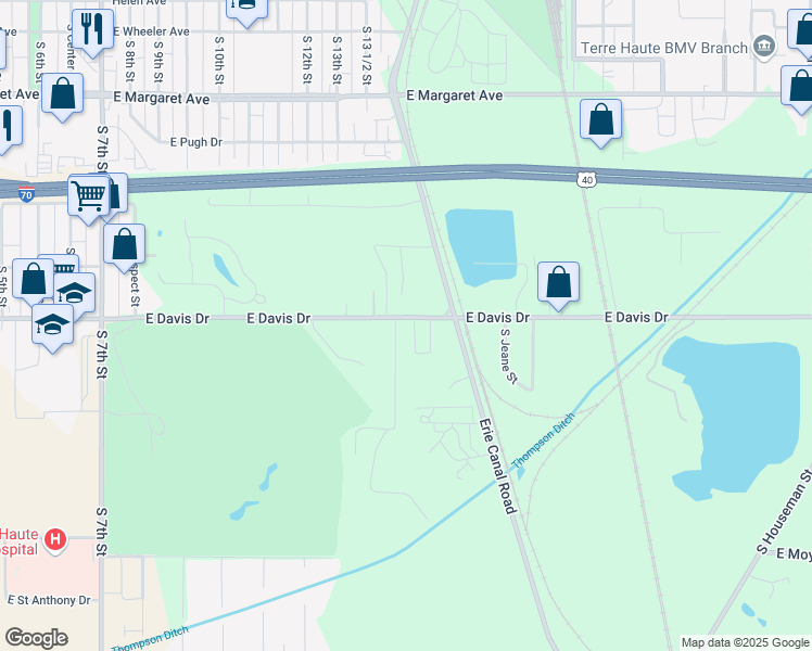 map of restaurants, bars, coffee shops, grocery stores, and more near 3313 Trails Edge Lane West in Terre Haute