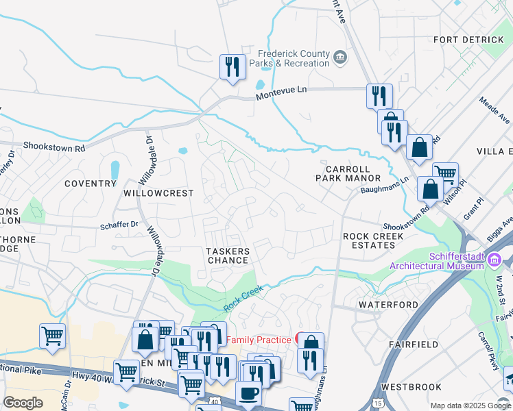 map of restaurants, bars, coffee shops, grocery stores, and more near 110 Penwick Circle in Frederick