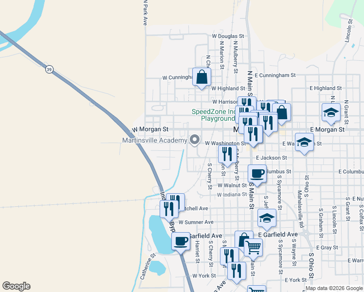 map of restaurants, bars, coffee shops, grocery stores, and more near 108 South West Street in Martinsville