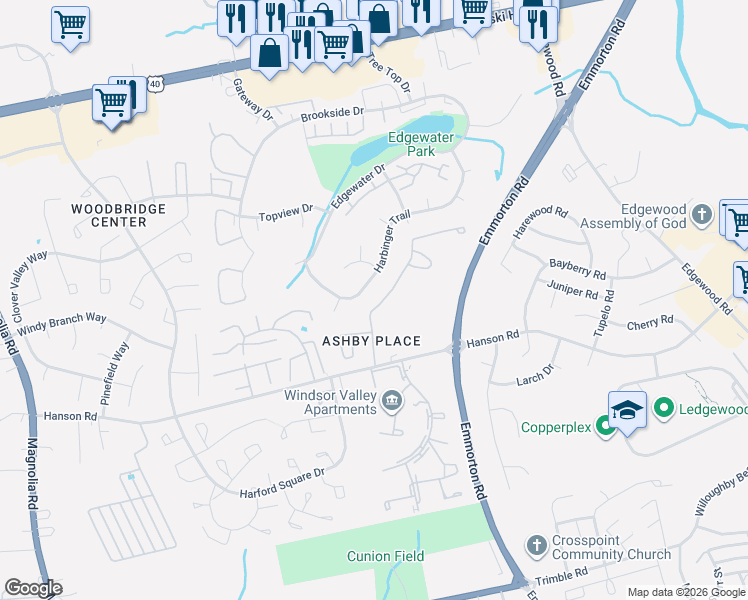 map of restaurants, bars, coffee shops, grocery stores, and more near 1706 Waltman Road in Edgewood
