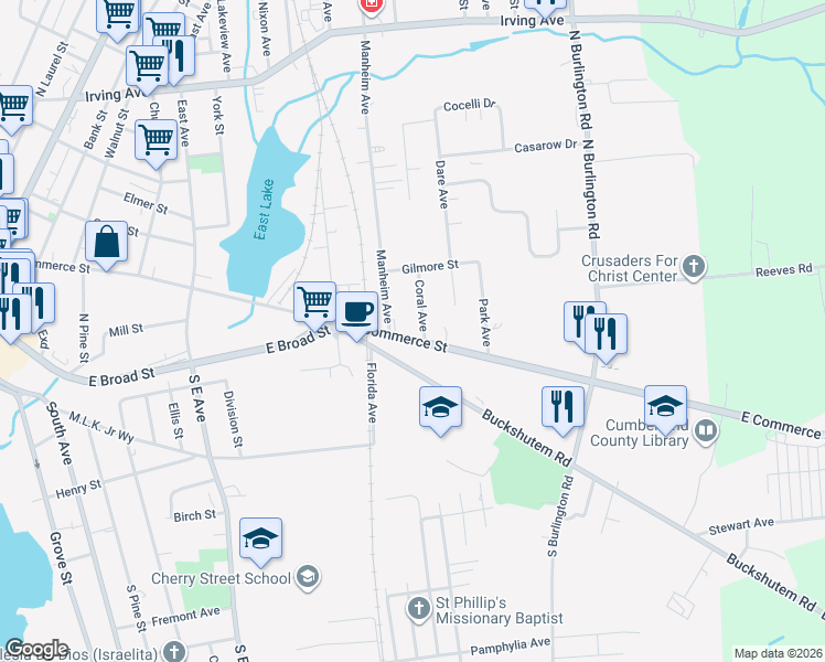 map of restaurants, bars, coffee shops, grocery stores, and more near 527 Buckshutem Road in Bridgeton