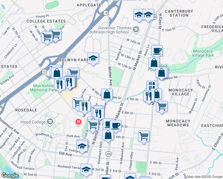 map of restaurants, bars, coffee shops, grocery stores, and more near 918 Motter Avenue in Frederick