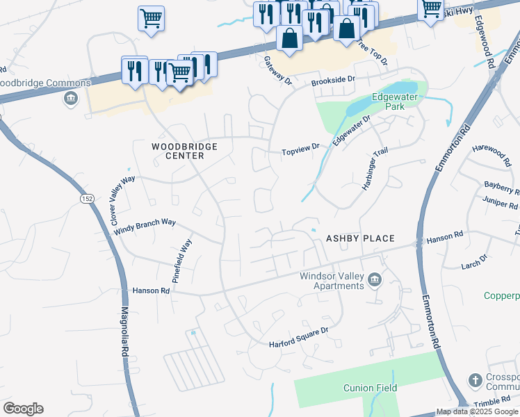 map of restaurants, bars, coffee shops, grocery stores, and more near 805 Windstream Way in Edgewood