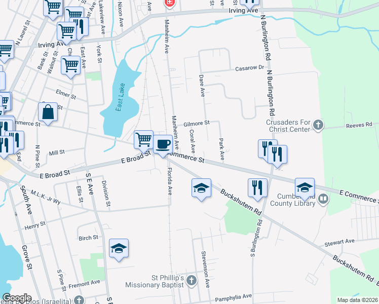 map of restaurants, bars, coffee shops, grocery stores, and more near 23 Manheim Avenue in Bridgeton