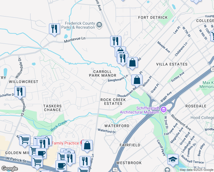 map of restaurants, bars, coffee shops, grocery stores, and more near 306 Baughmans Lane in Frederick